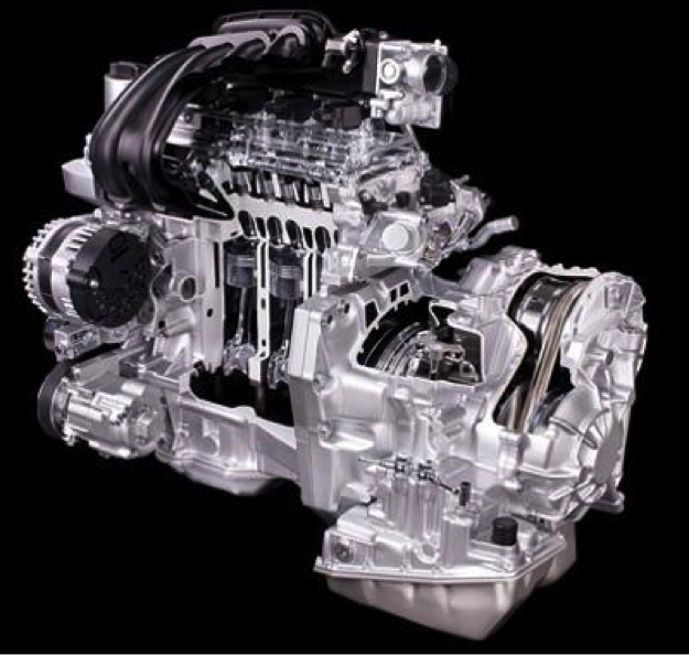 A photograph of a Nissan HR15DE engine with Xtronic CVT.